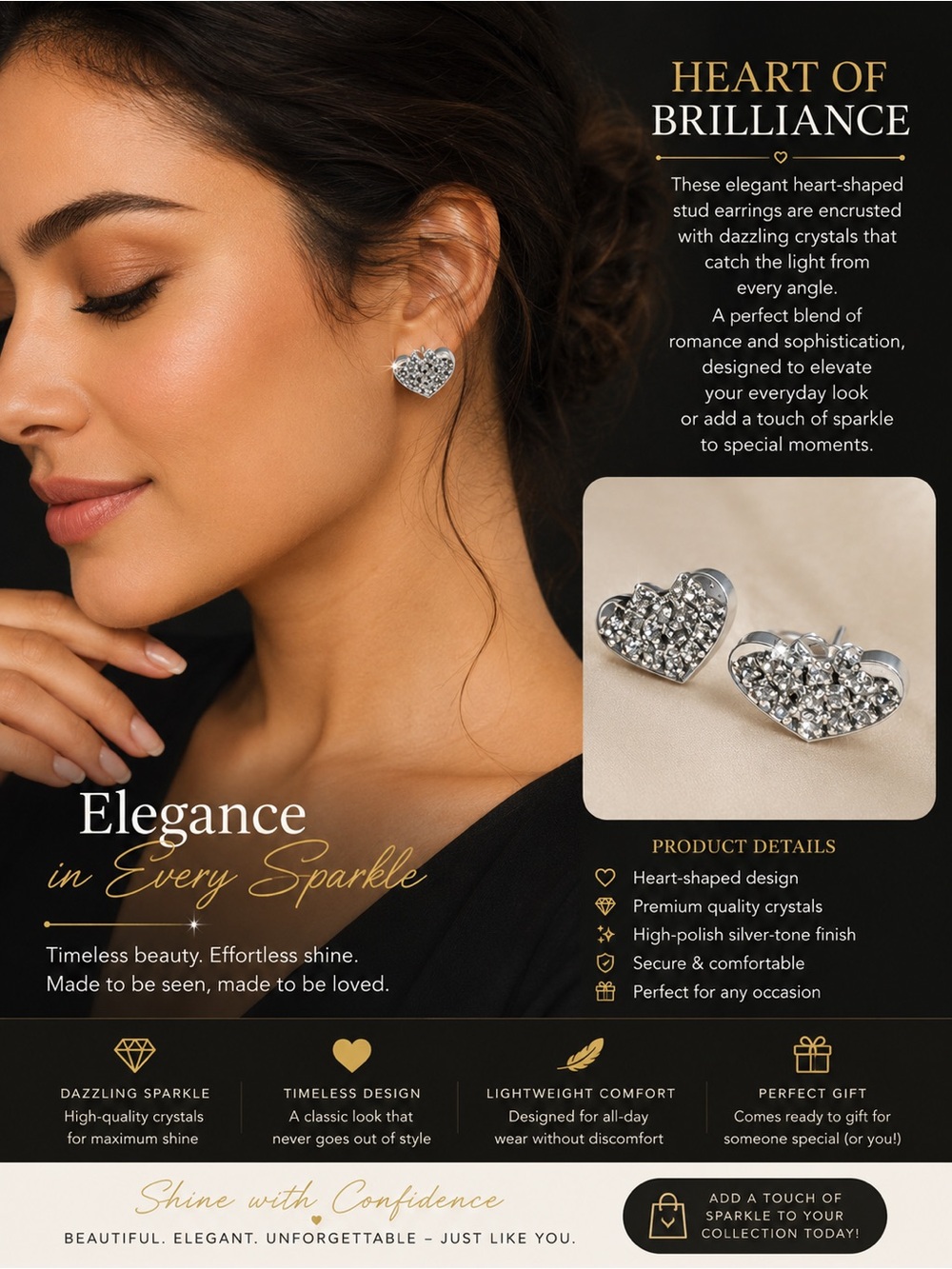 Heart-Shaped Crystal Stud Earrings — Silver